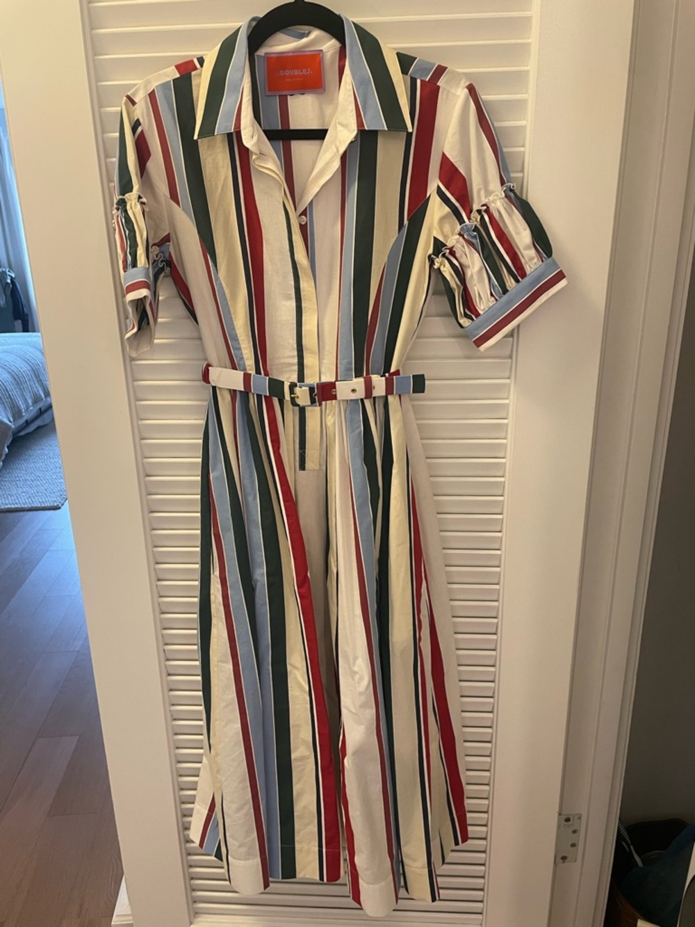 LA DoubleJ Cream Striped Midi Dress with Red, Green & Blue